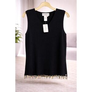 Joseph A NWT Silk Beaded Hem Sleeveless Top Black XL Designer Knit Tank